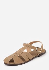 Renee - Ciemnobeżowe Sandały Gladiatorki z Imitacji Nubuku Zapinane na Sprzączkę Briannea. Zapięcie: sprzączka. Kolor: beżowy. Materiał: nubuk. Wzór: haft. Sezon: lato. Styl: elegancki #5