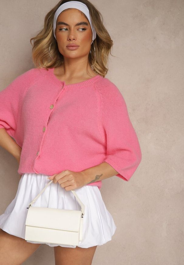 Renee - Fuksjowy Kardigan z Rękawem 3/4 z Dodatkiem Wełny Iffarisse. Okazja: na co dzień, na spotkanie biznesowe. Kolor: różowy. Materiał: wełna. Styl: biznesowy, elegancki, casual
