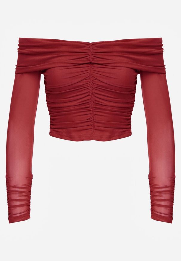 Renee - Bordowa Drapowana Bluzka VICES z Odkrytymi Ramionami i Siateczkowymi Rękawami Atevite. Okazja: na co dzień. Kolor: czerwony. Materiał: jeans. Styl: casual