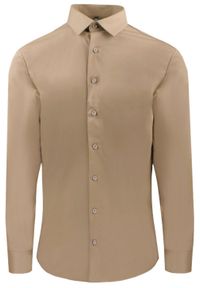 Delikatnie Wyszczuplana (Slim) Męska Koszula - Lanier - Jasny Brąz, Ciemny Beż. Kolor: brązowy, beżowy, wielokolorowy. Materiał: poliester, lycra, bawełna. Styl: sportowy, klasyczny #1