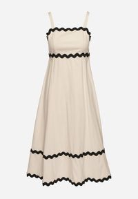 Born2be - Beżowa Sukienka z Bawełną Wiskozą na Ramiączkach z Lamówką Ilanise. Okazja: na spacer, na co dzień. Kolor: beżowy. Materiał: bawełna, wiskoza. Długość rękawa: na ramiączkach. Wzór: aplikacja. Sezon: lato. Typ sukienki: proste. Styl: casual, elegancki #7