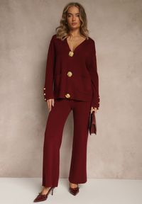 Renee - Bordowy Komplet z Dzianiny z Wiskozą Kardigan i Spodnie z Gumką Badrine. Kolor: czerwony. Materiał: wiskoza, dzianina. Wzór: aplikacja #5