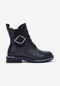 Born2be - Granatowe Botki Wiązane Aishatu. Okazja: na co dzień. Nosek buta: okrągły. Kolor: niebieski. Materiał: jeans. Wzór: aplikacja. Styl: casual, elegancki
