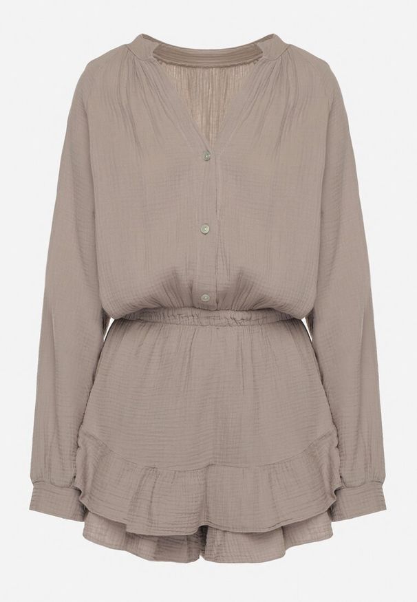 Born2be - Ciemnobeżowy Bawełniany Kombinezon z Elastyczną Gumką w Talii i Spódnico-Spodenkami Gleasea. Okazja: na co dzień. Kolor: beżowy. Materiał: bawełna. Styl: casual, elegancki