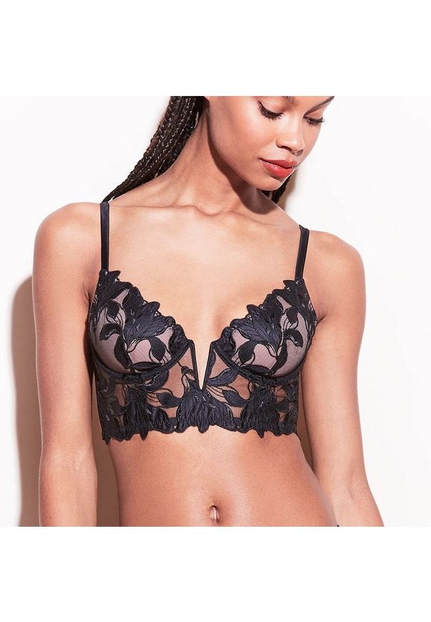 Intica - Koronkowa braletka z fiszbinami regulowane ramiączka elegancki styl Waltraude. Kolor: niebieski. Materiał: koronka. Rodzaj stanika: biustonosz z fiszbinami. Wzór: koronka