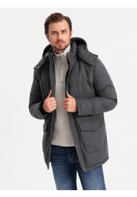 Ombre Clothing - Długa ciepła kurtka męska typu parka z wełną – czarny melanż V2 OM-JALJ-0217 - XXL. Kolor: czarny. Materiał: wełna. Długość: długie. Wzór: melanż #4