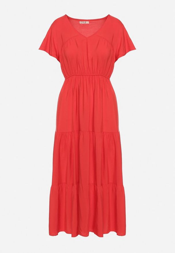 Born2be - Czerwona Sukienka z Wiskozy o Rozkloszowanym Kroju Folky. Okazja: na co dzień. Typ kołnierza: dekolt w kształcie V. Kolor: czerwony. Materiał: wiskoza. Styl: casual, elegancki