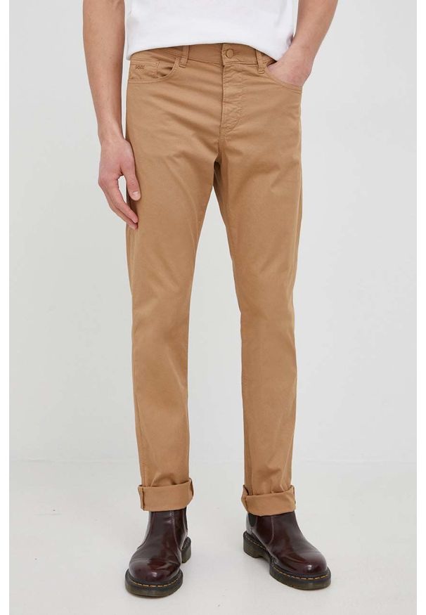 BOSS - Boss spodnie 50449504 męskie kolor beżowy dopasowane. Kolor: beżowy. Materiał: tkanina, bawełna. Wzór: gładki