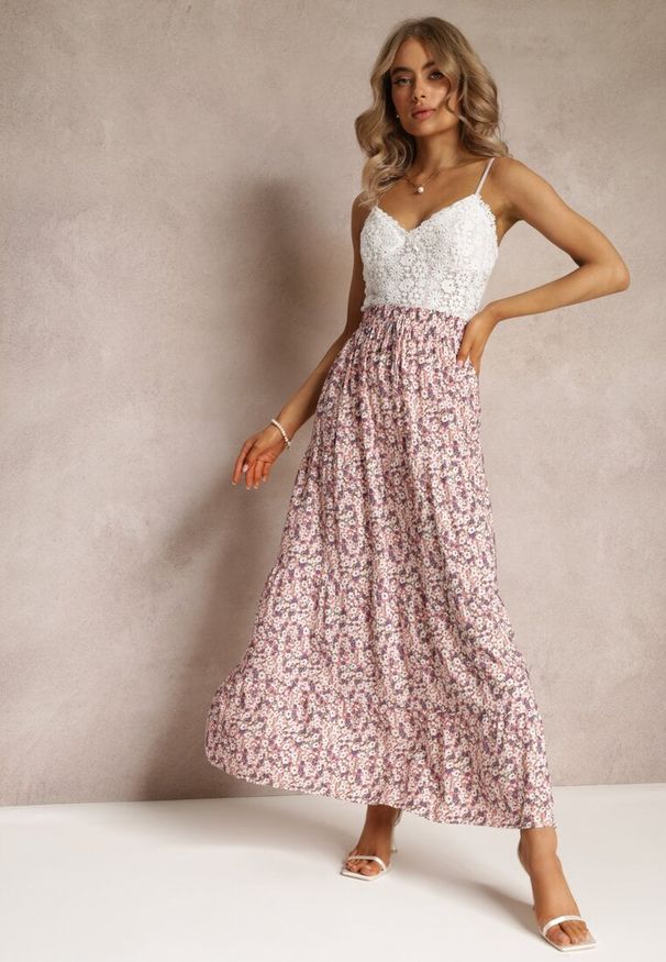 Renee - Różowa Rozkloszowana Spódnica Maxi w Kwiaty Dethuj. Kolor: różowy. Materiał: bawełna, tkanina. Wzór: kwiaty
