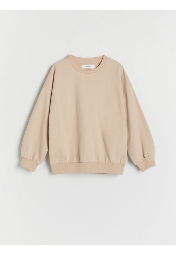 Reserved - Gładka bluza basic - beżowy. Kolor: beżowy. Materiał: dzianina, bawełna. Wzór: gładki