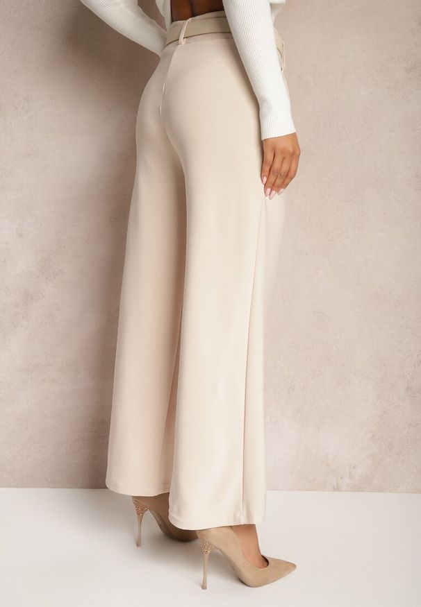 Renee - Beżowe Garniturowe Spodnie High Waist z Gumką i Dodatkowym Paskiem w Talii Mattine. Stan: podwyższony. Kolor: beżowy. Materiał: dzianina