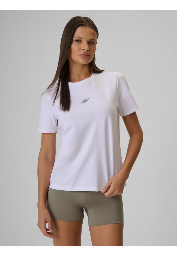 4f - 4F T-shirt regular gładki damski - biały M. Okazja: na co dzień. Kolor: biały. Materiał: materiał. Wzór: gładki. Styl: casual, sportowy