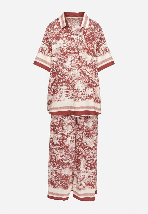 Born2be - Bordowy Wiskozowy Komplet w Roślinny Wzór Koszula i Spodnie Ridissa. Kolor: czerwony. Materiał: wiskoza. Wzór: aplikacja