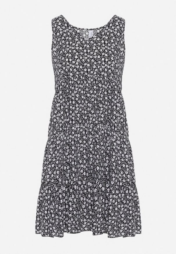 Born2be - Czarna Bawełniana Sukienka w Kwiaty z Falbanką Rissafa. Okazja: na co dzień. Kolor: czarny. Materiał: bawełna. Wzór: kwiaty. Typ sukienki: proste. Styl: casual