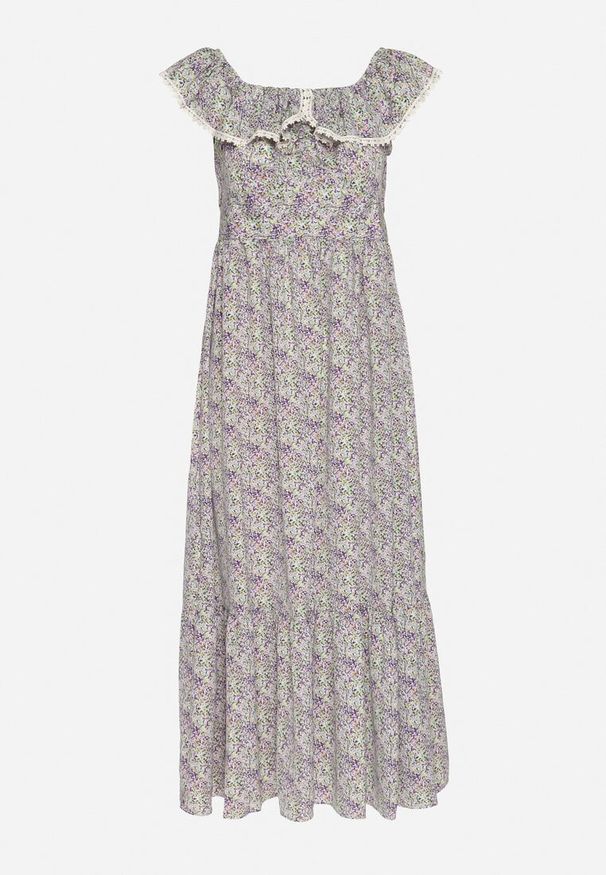 Born2be - Fioletowa Sukienka Ozdobiona Falbankami Folirae. Okazja: na co dzień, na spacer. Typ kołnierza: kołnierz z falbankami. Kolor: fioletowy. Wzór: aplikacja. Sezon: lato. Typ sukienki: sportowe. Styl: casual, sportowy