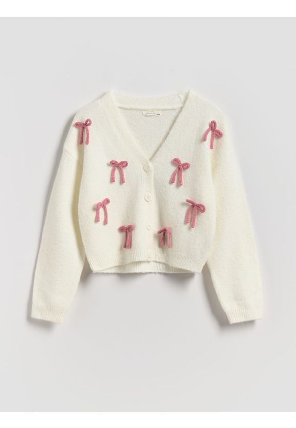 Reserved - Kardigan z kokardkami - złamana biel. Typ kołnierza: kokarda. Materiał: dzianina