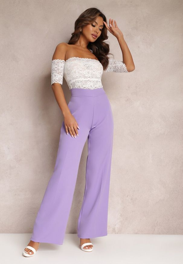 Renee - Jasnofioletowe Spodnie Szerokie High Waist Dule. Okazja: na spotkanie biznesowe, na co dzień. Stan: podwyższony. Kolor: fioletowy. Styl: biznesowy, elegancki, casual