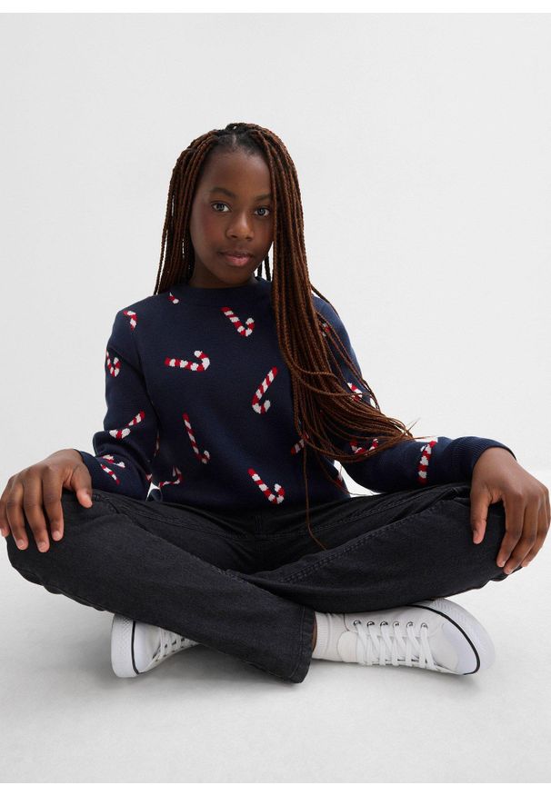 bonprix - Cienki sweter z motywem bożonarodzeniowym. Kolor: niebieski