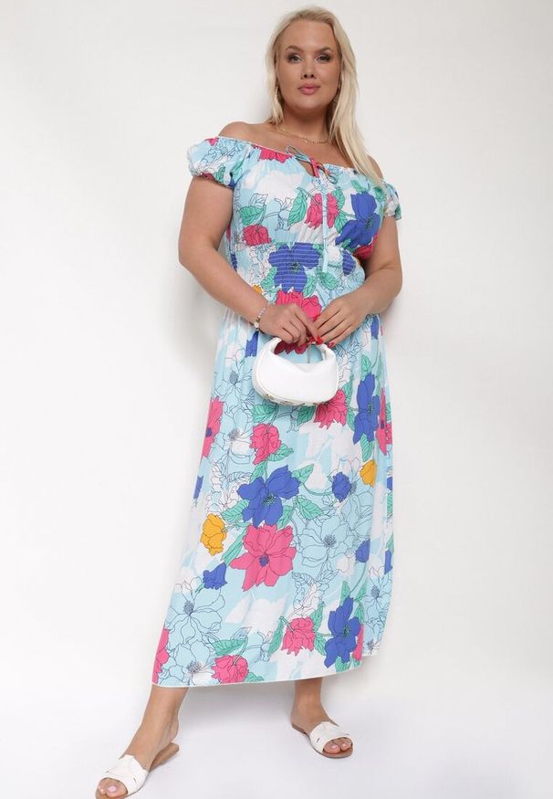 Born2be - Niebiesko-Różowa Sukienka z Bawełny o Rozkloszowanym Kroju z Gumką w Talii Euretta. Okazja: na co dzień. Kolor: niebieski. Materiał: bawełna. Sezon: lato. Typ sukienki: rozkloszowane. Styl: casual, klasyczny