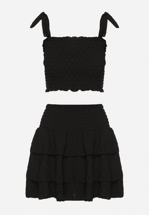 Born2be - Czarny Komplet Elastyczny Top z Wiązanymi Ramiączkami i Rozkloszowana Spódnica Evialia. Kolor: czarny
