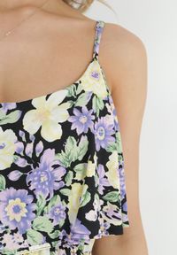 Born2be - Fioletowo-Żółta Sukienka Bawełniana w Kwiaty z Falbanką Janellie. Kolor: fioletowy. Materiał: bawełna. Długość rękawa: na ramiączkach. Wzór: kwiaty. Styl: wakacyjny. Długość: maxi #5