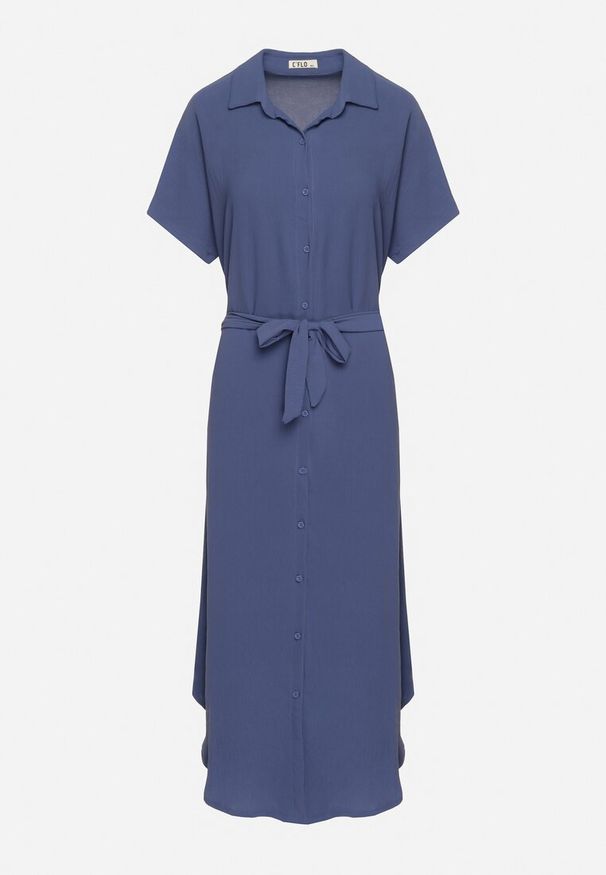 Born2be - Granatowa Sukienka Wiskozowa o Luźnym Koszulowym Kroju Wiązana w Talii Rionella. Kolor: niebieski. Materiał: wiskoza. Długość rękawa: krótki rękaw. Sezon: lato. Typ sukienki: koszulowe. Styl: klasyczny