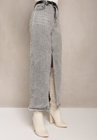 Renee - Szara Spódnica Jeansowa Maxi z Paskiem Mullese. Stan: podwyższony. Kolor: szary. Materiał: jeans. Styl: klasyczny