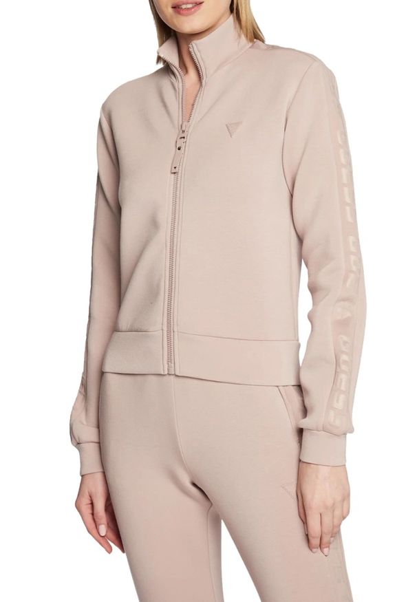 Guess - GUESS Różowa bluza damska z lampasami New Allie Scuba. Kolor: różowy. Materiał: materiał. Styl: elegancki