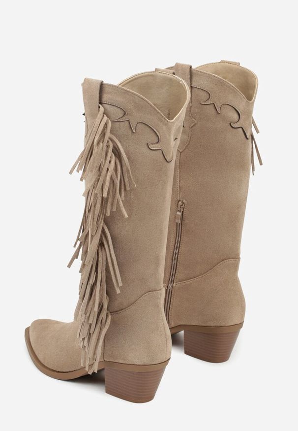 Renee - Ciemnobeżowe Kozaki Kowbojki na Stożku Ozdobione Frędzlami Reianeva. Okazja: na randkę. Kolor: beżowy. Materiał: jeans, koronka. Wzór: aplikacja. Obcas: na stożku. Wysokość obcasa: średni