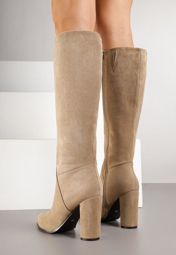 Renee - Ciemnobeżowe Kozaki na Słupku Hrarpi. Wysokość cholewki: przed kolano. Zapięcie: zamek. Kolor: beżowy. Materiał: skóra. Szerokość cholewki: normalna. Wzór: gładki. Obcas: na słupku. Wysokość obcasa: średni