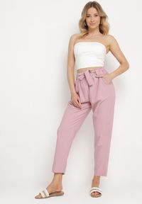 Born2be - Różowe Spodnie z Wiązanym Paskiem Paper Bag Biras. Okazja: na co dzień. Kolor: różowy. Materiał: materiał. Styl: casual