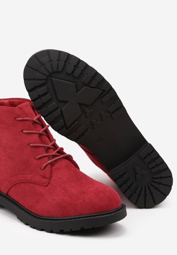 Renee - Bordowe Sznurowane Botki na Płaskiej Podeszwie Mazira. Okazja: na spacer. Zapięcie: sznurówki. Kolor: czerwony. Materiał: jeans. Obcas: na płaskiej podeszwie. Styl: elegancki, klasyczny