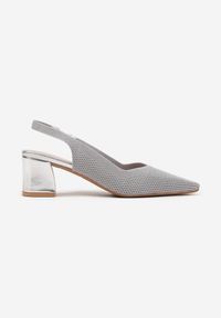 Renee - Srebrne Czółenka na Słupku Typu Slingback Fonnaria. Zapięcie: pasek. Kolor: srebrny. Wzór: aplikacja. Sezon: lato. Obcas: na słupku. Styl: klasyczny, elegancki, wizytowy. Wysokość obcasa: średni