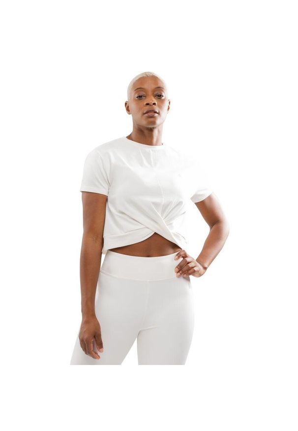 SIROKO - Damska koszulka sportowa z węzłem Fitness Siroko Space White. Kolor: biały. Materiał: bawełna, elastan. Sport: fitness
