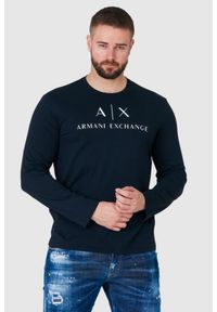 Armani Exchange - ARMANI EXCHANGE Granatowy longsleeve męski z logo. Kolor: niebieski. Materiał: prążkowany. Długość rękawa: długi rękaw