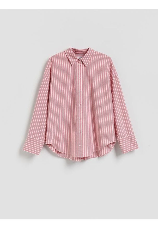 Reserved - Bawełniana koszula w paski - czerwony. Kolor: czerwony. Materiał: bawełna. Wzór: paski