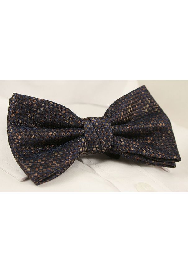 Chattier - Granatowo-Brązowa Elegancka Mucha z Białą Poszetką -CHATTIER- Męska, w Zygzaki, Wzór Geometryczny. Kolor: wielokolorowy, beżowy, niebieski, brązowy. Wzór: geometria. Styl: elegancki