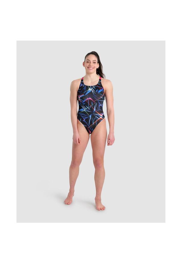 Damski kostium kąpielowy 1-częściowy Arena Pro Allover. Kolor: wielokolorowy, niebieski, czarny, różowy