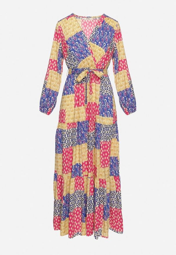 Born2be - Niebiesko-Żółta Wiskozowa Sukienka z Kopertowym Dekoltem z Gumką w Pasie i Materiałowym Paskiem Fulina. Okazja: na co dzień. Typ kołnierza: dekolt w serek. Kolor: niebieski. Materiał: wiskoza, materiał. Długość rękawa: długi rękaw. Typ sukienki: kopertowe. Styl: boho, klasyczny, casual