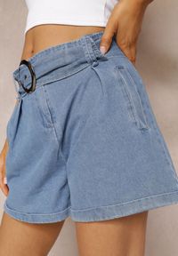 Renee - Granatowe Szorty High Waist z Bawełny Ozdobione Paskiem z Klamrą Dasslina. Stan: podwyższony. Kolor: niebieski. Materiał: bawełna. Wzór: aplikacja