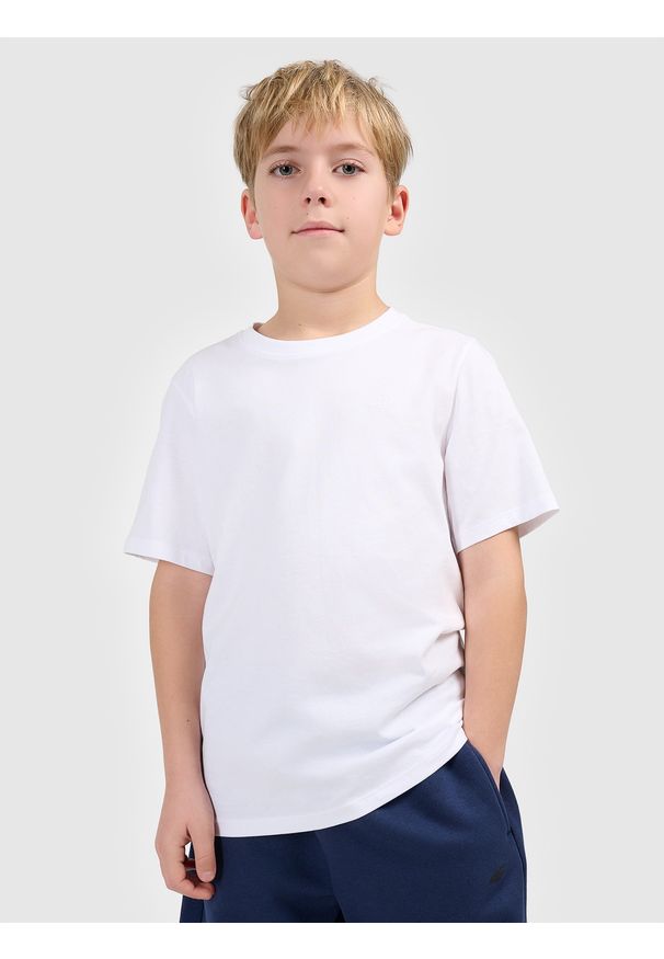 4f - 4F T-shirt gładki chłopięcy - biały 128 (7-8 lat). Okazja: na co dzień. Kolor: biały. Materiał: bawełna, materiał, jersey. Długość rękawa: krótki rękaw. Długość: krótkie. Wzór: gładki. Sezon: lato. Styl: młodzieżowy, klasyczny, casual, sportowy