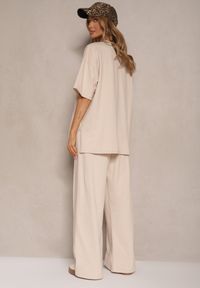 Renee - Beżowy Komplet z Bawełny T-shirt z Rozcięciami i Spodnie o Szerokim Kroju Elpiola. Kolor: beżowy. Materiał: bawełna