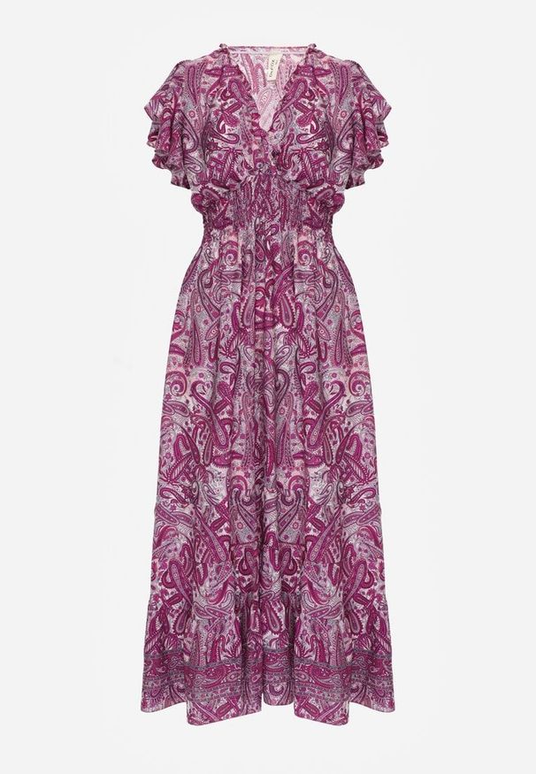 Renee - Fioletowa Bawełniana Sukienka Paisley z Kopertowym Dekoltem z Falbaną i Gumką w Talii Brionea. Okazja: na co dzień. Typ kołnierza: dekolt kopertowy. Kolor: fioletowy. Materiał: bawełna. Długość rękawa: krótki rękaw. Wzór: paisley. Typ sukienki: kopertowe. Styl: casual, elegancki