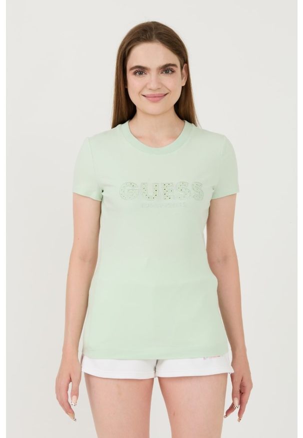 Guess - GUESS Ziełony t-shirt Sangallo Tee. Kolor: zielony