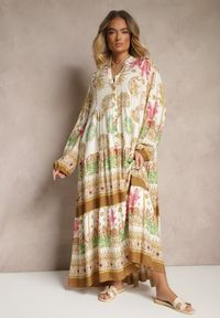 Renee - Beżowa Sukienka z Wiskozy Rozkloszowana w Print Boho Aedia. Okazja: na co dzień. Typ kołnierza: dekolt w serek. Kolor: beżowy. Materiał: wiskoza. Wzór: nadruk. Styl: boho #5