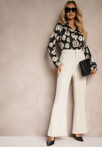 Renee - Beżowe Casualowe Spodnie w Stylu Dzwonów High Waist Uinna. Okazja: na co dzień. Stan: podwyższony. Kolor: beżowy. Styl: casual #5