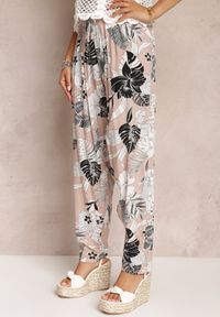 Renee - Beżowe Wiskozowe Spodnie z Gumką w Talii Gejiro. Stan: podwyższony. Kolor: beżowy. Materiał: wiskoza. Wzór: kwiaty #2