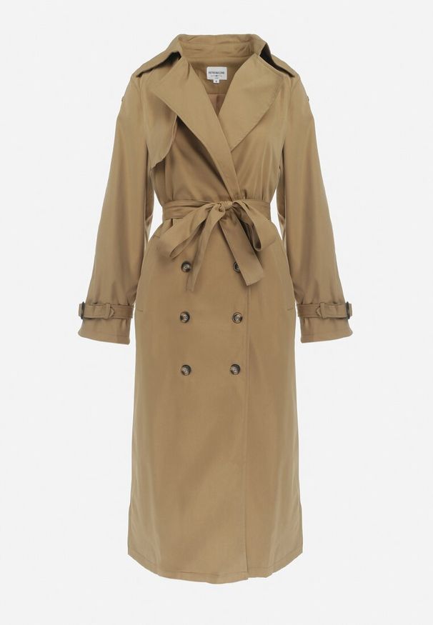 Born2be - Jasnobrązowy Długi Płaszcz Trencz Dwurzędowy z Paskiem w Talii Cadenite. Typ kołnierza: kolnierz wykładany. Kolor: brązowy. Długość: długie