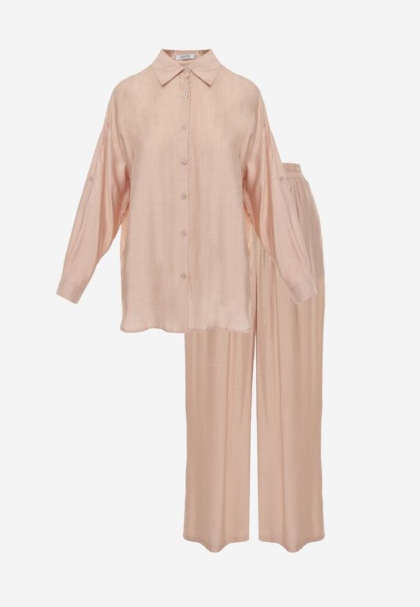 Renee - Beżowy Wiskozowy Komplet o Luźnym Kroju z Koszulą i Spodniami Sesorilia. Kolor: beżowy. Materiał: wiskoza