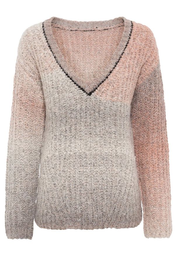 Sweter oversize w cieniowanym kolorze bonprix jasnobrązowo-jasnoróżowy. Kolor: brązowy. Materiał: materiał, poliester, akryl, poliamid. Wzór: paski